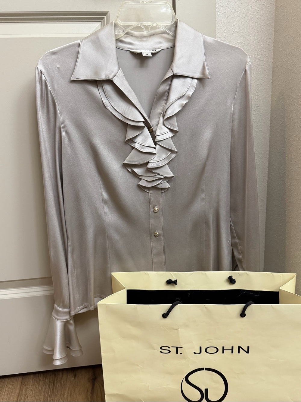 St. John Silver Ruffled Silk Button-Down Blouse